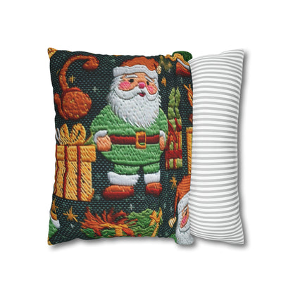 Papá Noel navideño - Regalos bordados - País de las maravillas invernal festivo - Diseño Deck the Halls - Funda de almohada cuadrada de poliéster hilado 