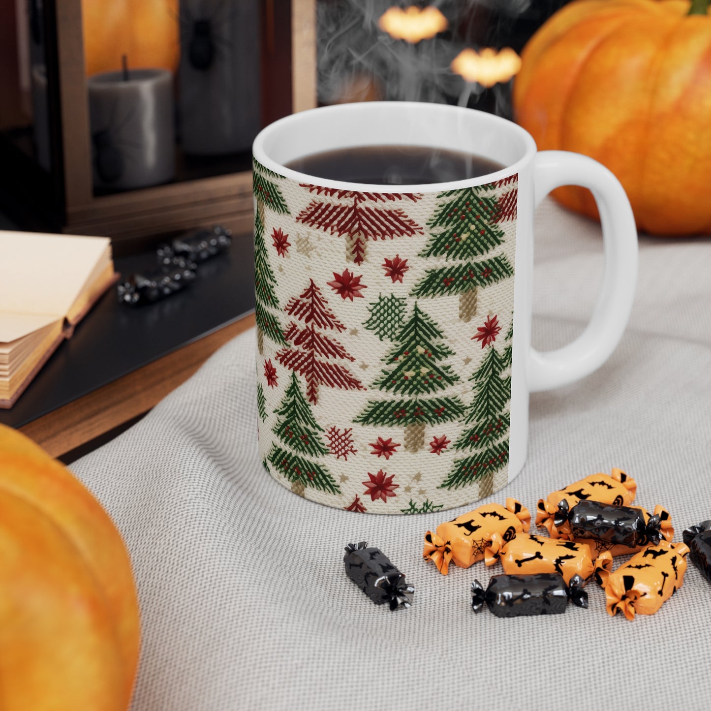 Invierno navideño bordado, costuras festivas, diseño clásico de temporada - Taza de cerámica de 11 oz 