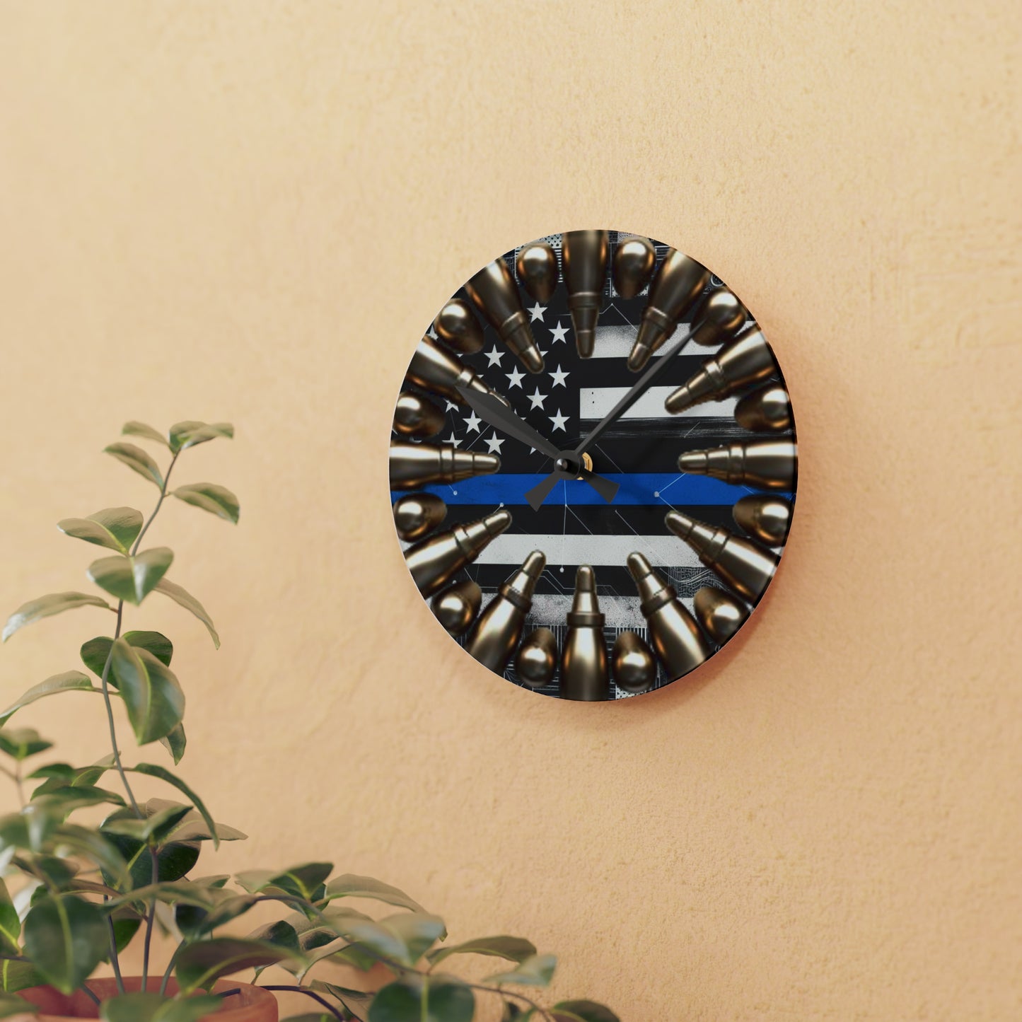 Hero Tribute Acrylic Wall Clock - Patriotic Service Emblem, Faux Ammo Design, American Flag Law Enforcement Timekeeper