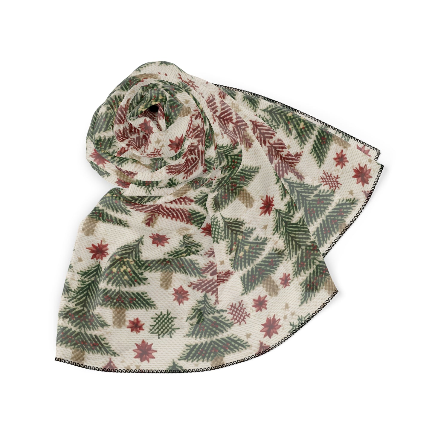 Embroidered Christmas Winter, Festive Holiday Stitching, Classic Seasonal Design - Poly Scarf