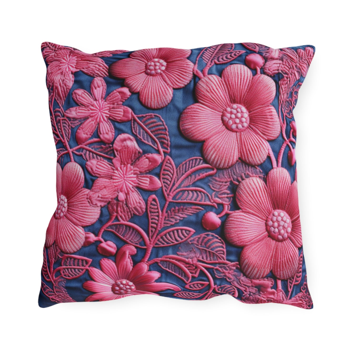 Denim Blue Doll Pink Floral Embroidery Style Fabric Flowers - Outdoor Pillows