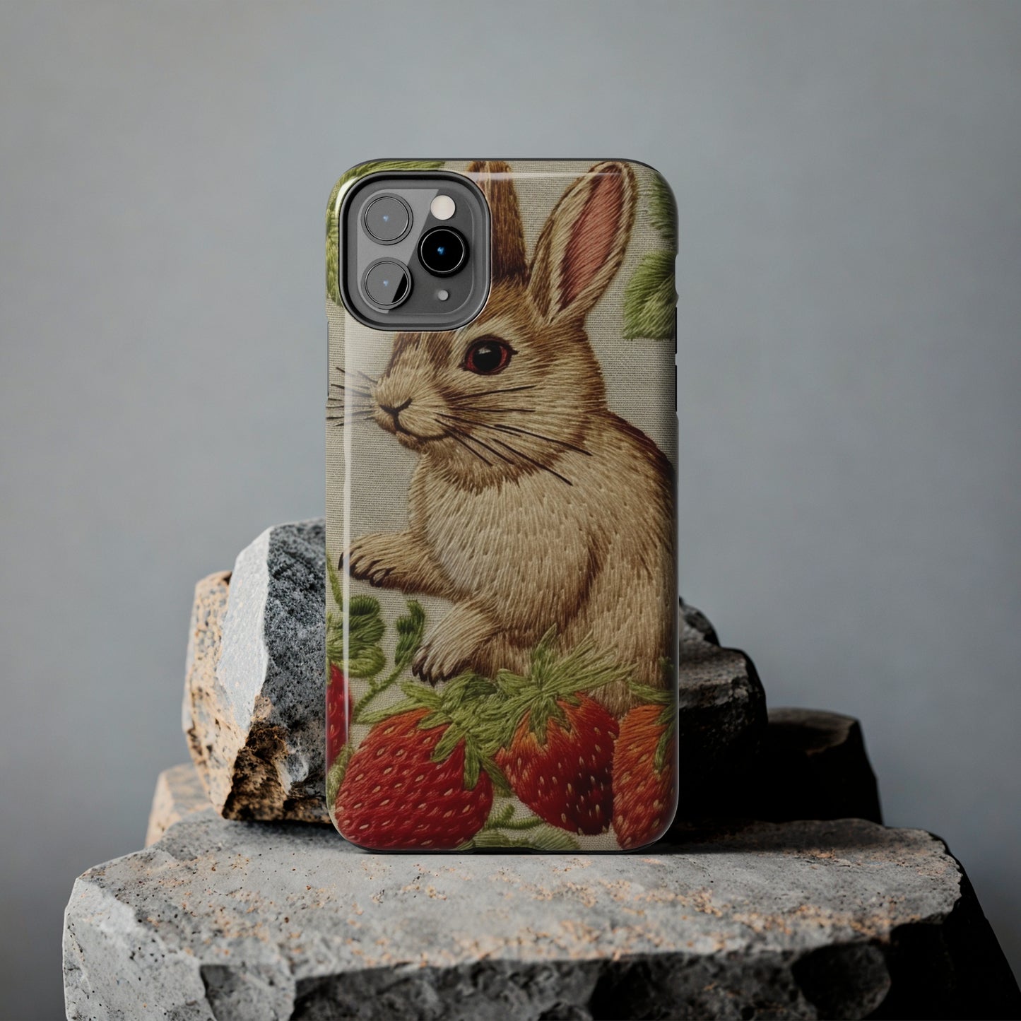 Strawberry Bunny Rabit - Embroidery Style - Strawberries Fruit Munchies - Easter Gift - Tough Phone Cases