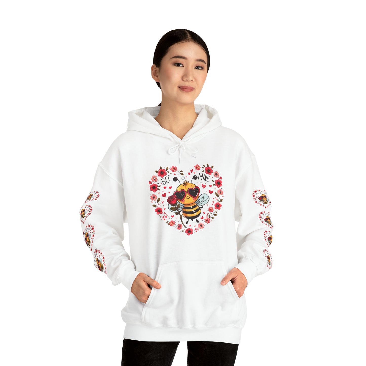 Whimsical Bee Love: Heartfelt Valentines Design with Floral Accents and Heart Sunglasses - Unisex Heavy Blend™ Hooded Sweatshirt