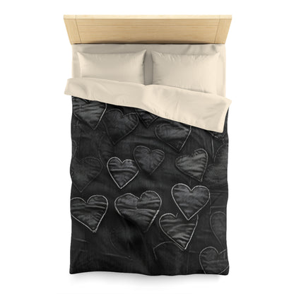 Black: Distressed Denim-Inspired Fabric Heart Embroidery Design - Microfiber Duvet Cover