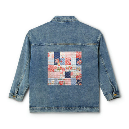 Floral Harmony Quilt, Blossom Patchwork, Blue and Pink Quilted Patterns, Garden Quilt, Soft Pastel Quilting Squares Design - Women's Denim Jacket