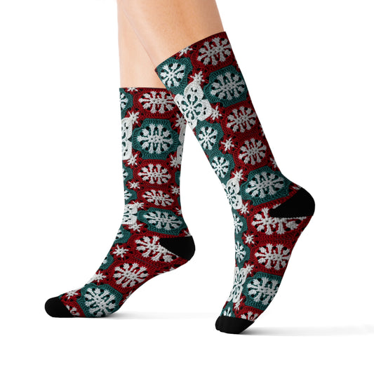 Christmas Snowflake Crochet, Festive Yuletide, Winter Wonderland Craft, Ice Crystal, Holiday Decor, Seasonal Adornments - Sublimation Socks