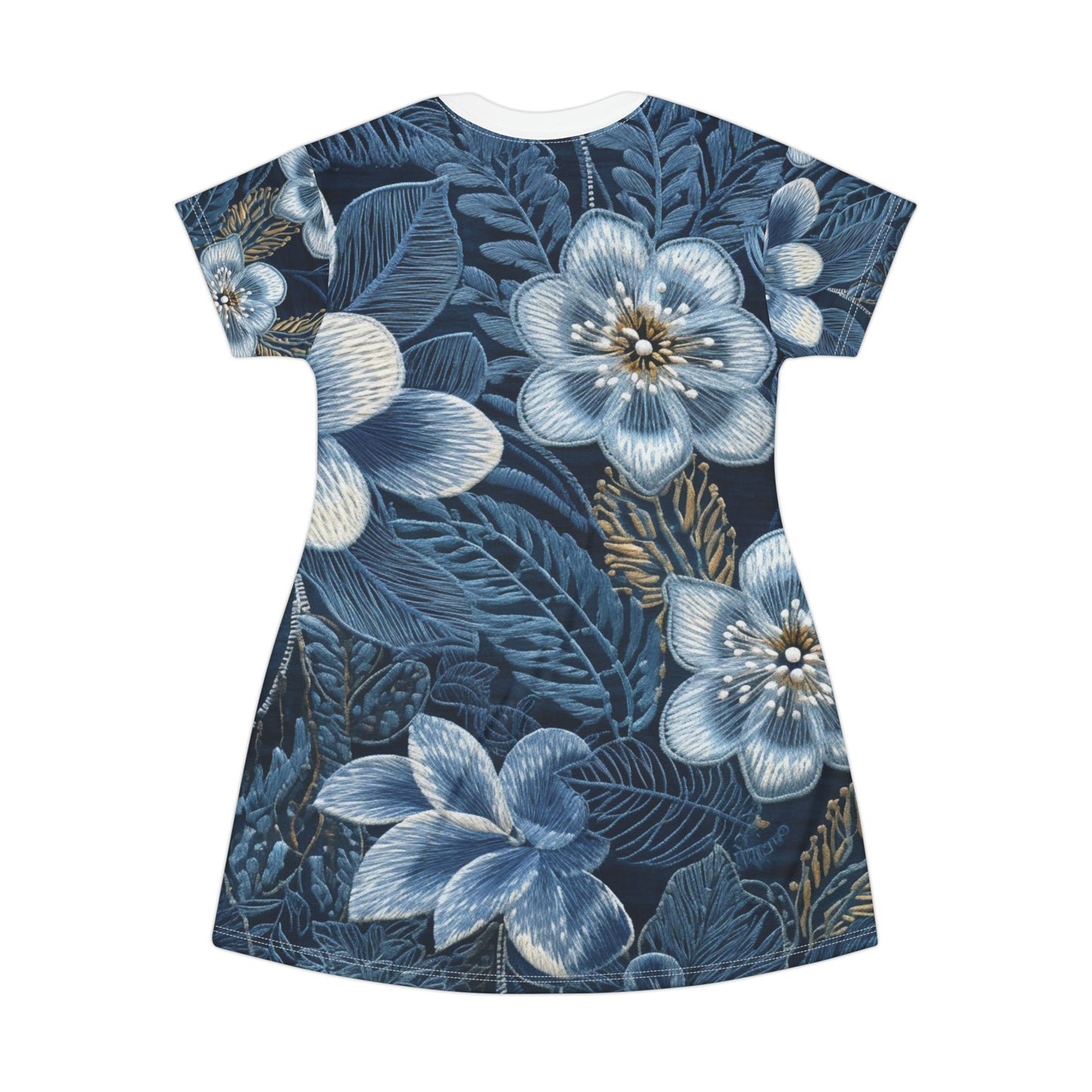 Flower Blossom Embroidery Floral on Denim Style - T-Shirt Dress (AOP)