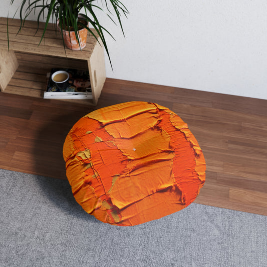 Fiery Citrus Orange: Edgy Distressed, Denim-Inspired Fabric - Tufted Floor Pillow, Round