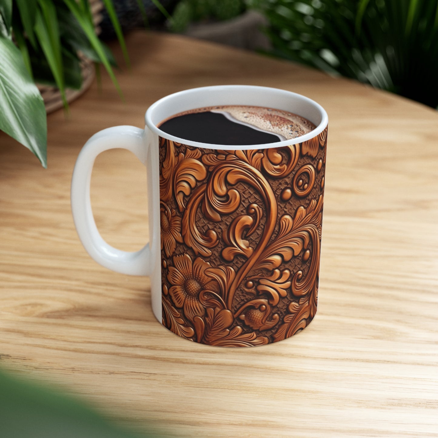 Leather Flower Cognac Classic Brown Timeless American Cowboy Design - Ceramic Mug 11oz