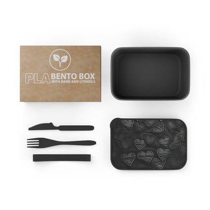 Black: Distressed Denim-Inspired Fabric Heart Embroidery Design - PLA Bento Box with Band and Utensils