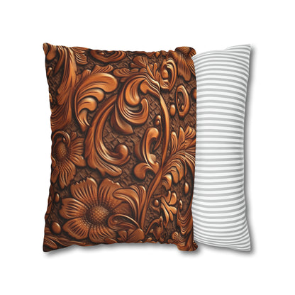 Leather Flower Cognac Classic Brown Timeless American Cowboy Design - Spun Polyester Square Pillow Case