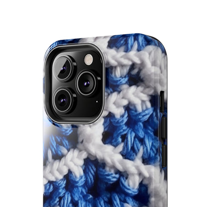 Blueberry Blue Crochet, White Accents, Classic Textured Pattern - Tough Phone Cases