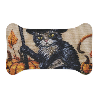 Halloween Cat Magic: Embroidered Style Feline with Pumpkins & Witch Hat - Pet Feeding Mats