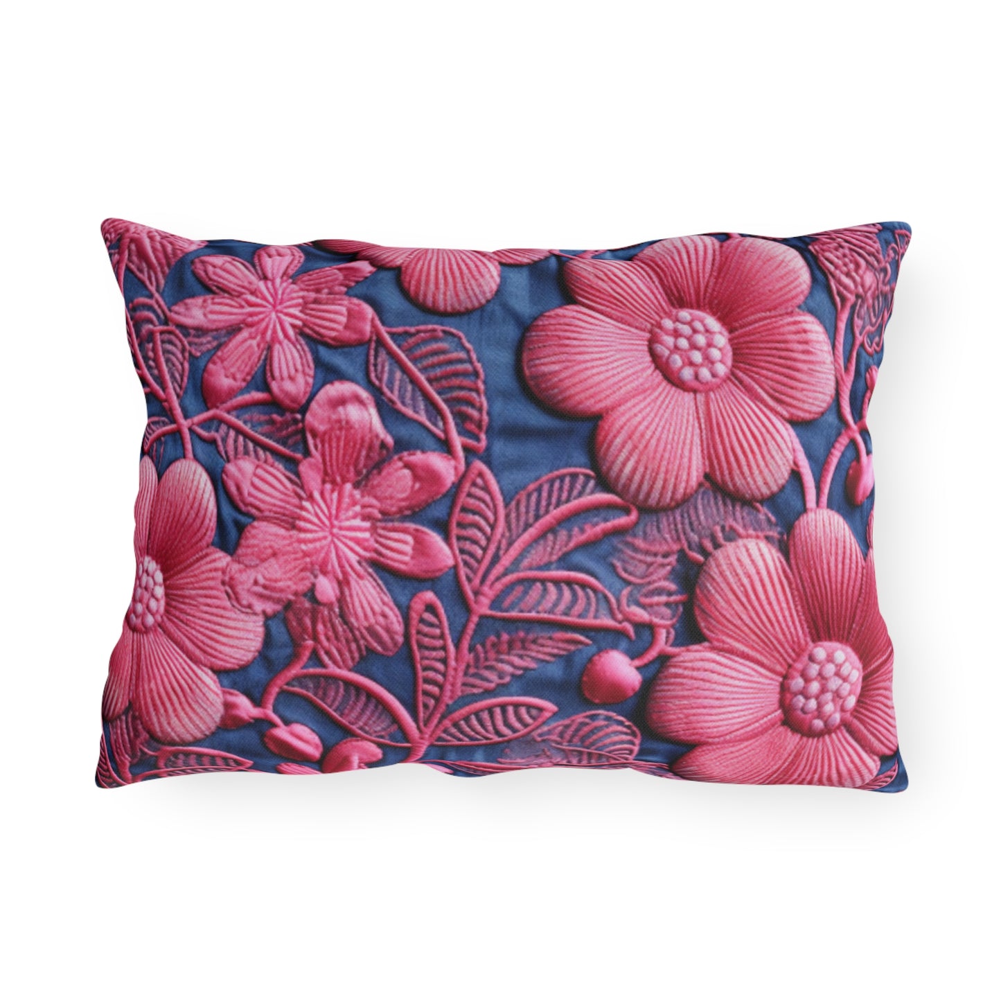 Denim Blue Doll Pink Floral Embroidery Style Fabric Flowers - Outdoor Pillows
