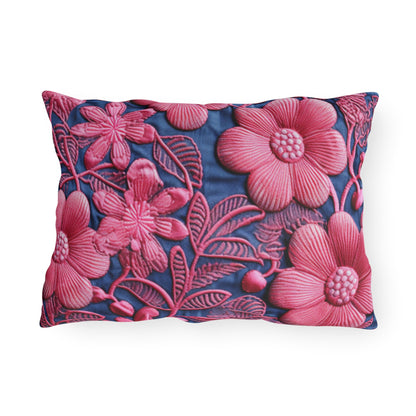 Denim Blue Doll Pink Floral Embroidery Style Fabric Flowers - Outdoor Pillows