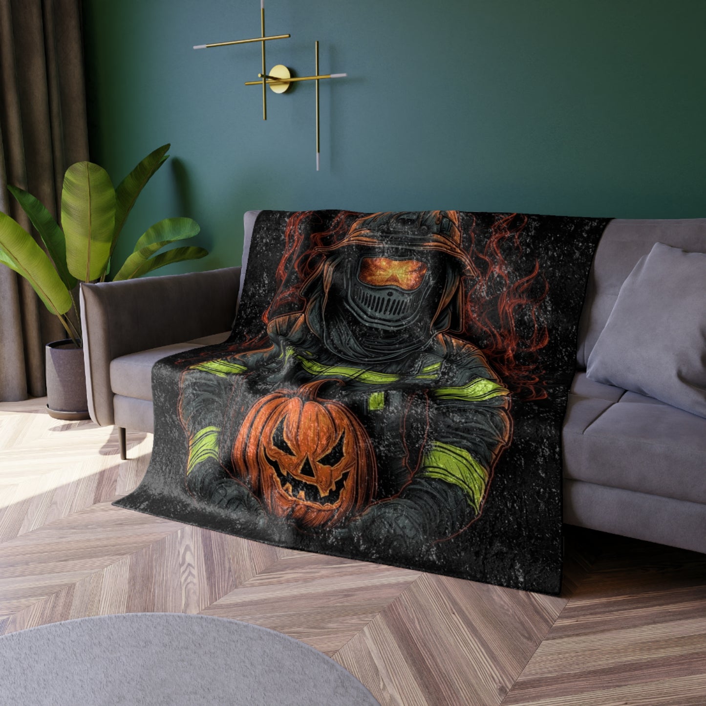 Firefighter Spooky Alert: Facing Haunted Halloween Spirits Scary Fire Pumpkin - Crushed Velvet Blanket