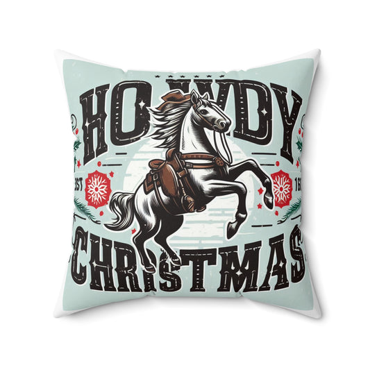 Yuletide Greetings Cowboy Style - Festive Howdy Christmas with Prancing Horse and Snowflake - Spun Polyester Square Pillow