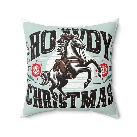 Yuletide Greetings Cowboy Style - Festive Howdy Christmas con caballo rampante y copo de nieve - Almohada cuadrada de poliéster hilado