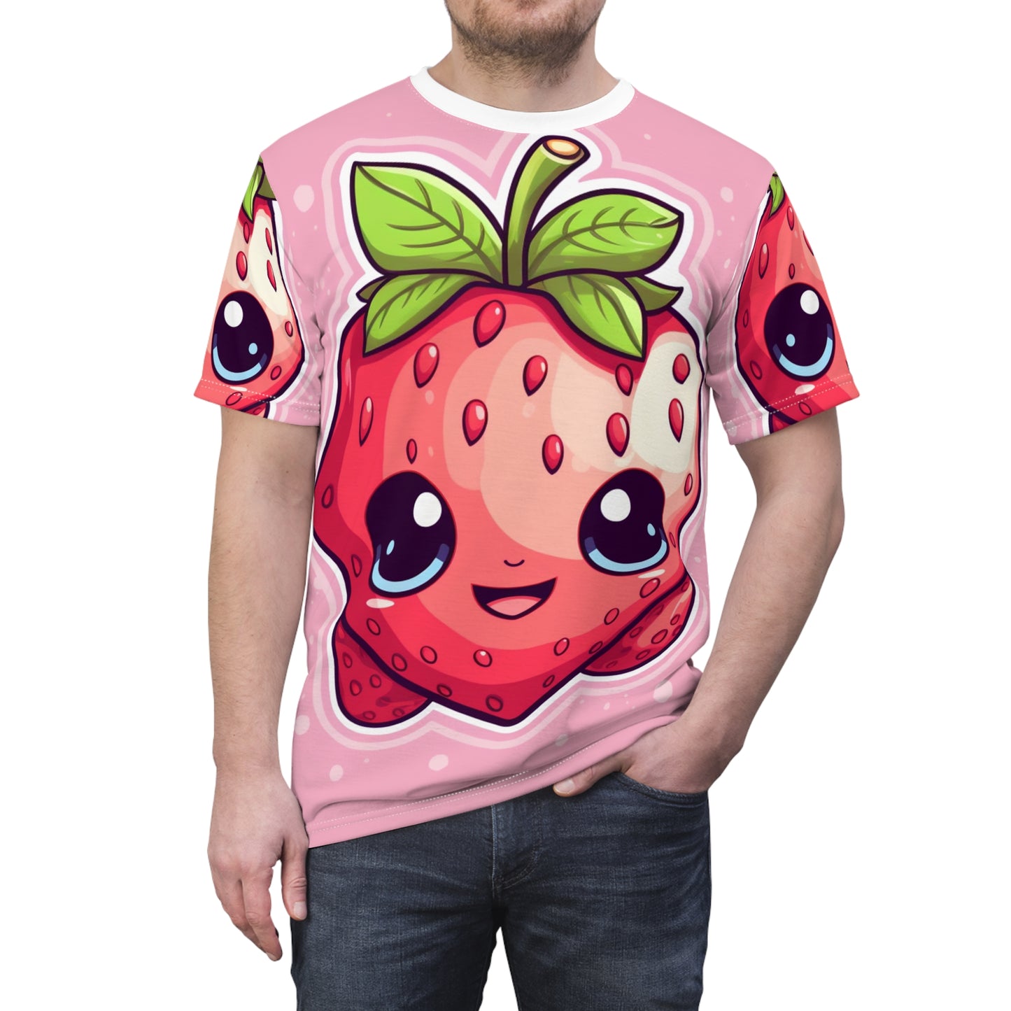 Kawaii Strawberry Adventure - アニメ クラシック 伝統的な日本のフルーツ - オタク アートワーク - ユニセックス カットソー Tシャツ (AOP) 