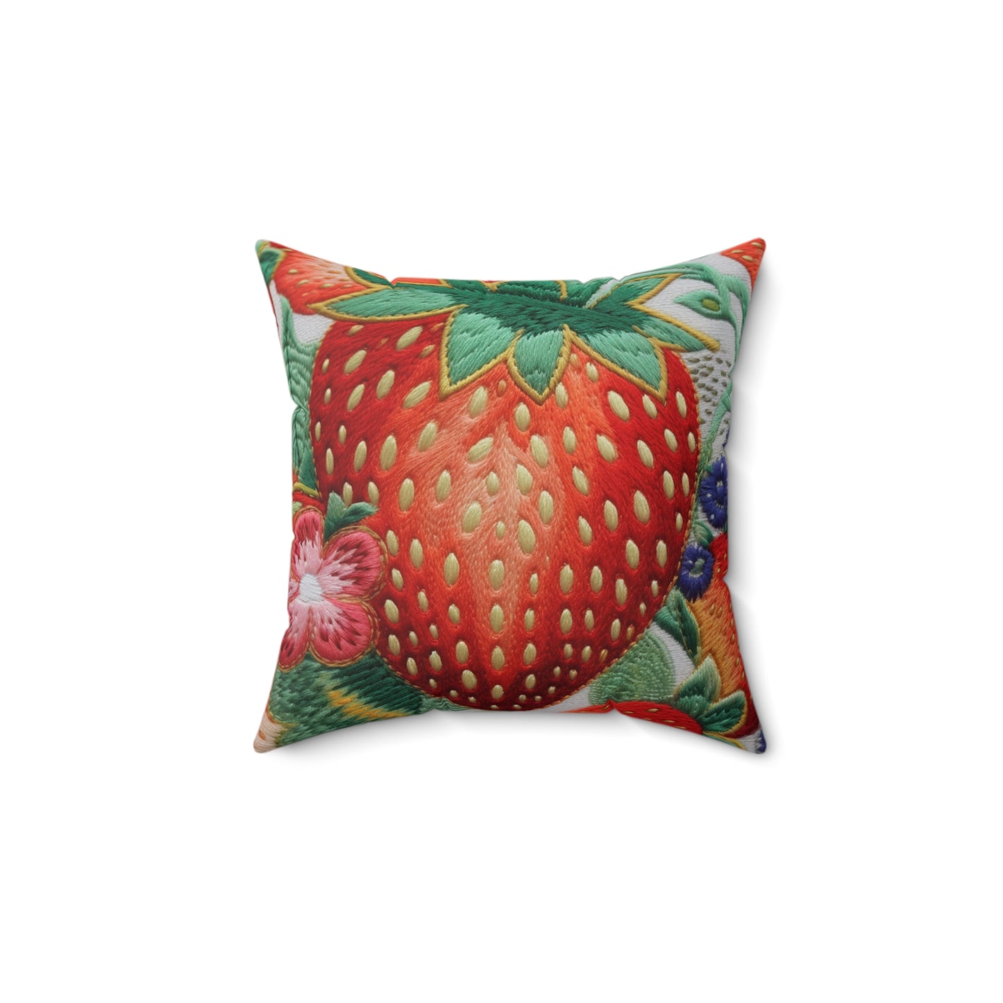 Berry Delight: Sun-Kissed Strawberries Fields Meet Embroidered Style Strawberry Patterns - Spun Polyester Square Pillow