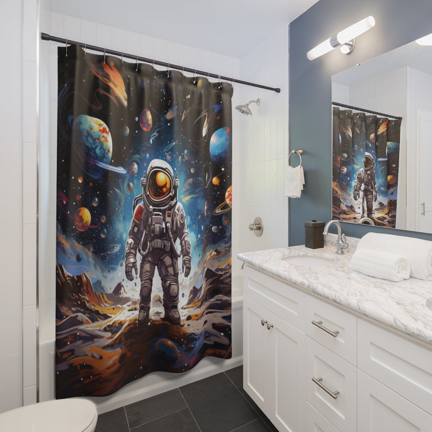 Galactic Voyage: Astronaut Journey in Celestial Star Cosmic Exploration - Shower Curtains