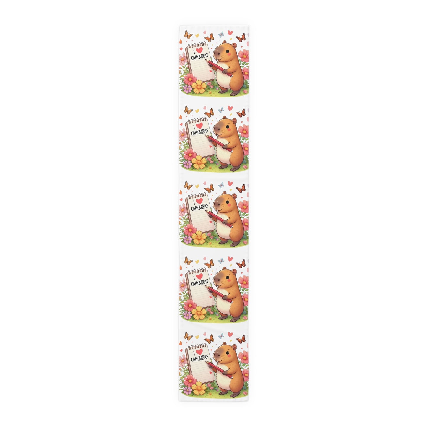 Capybara Holding Pencil and Notepad with I Love Capybaras, Cute Rodent Surrounded by Flowers and Butterflies, Table Runner (Cotton, Poly)