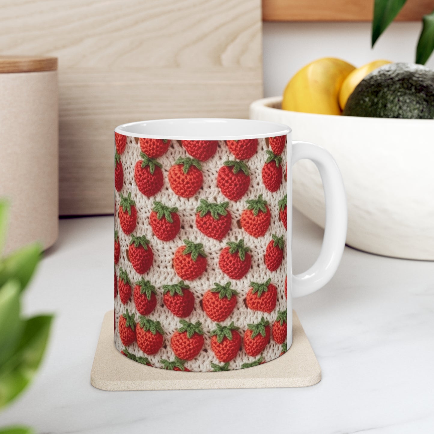 Strawberry Traditional Japanese, Crochet Craft, Fruit Design, Red Berry Pattern - Ceramic Mug 11oz