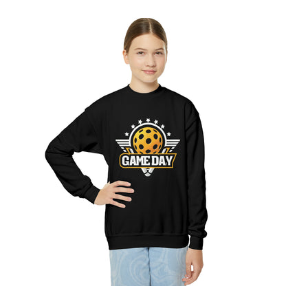 Emblema estelar del día del juego de Pickleball con diseño de estrellas y bola alada – Sudadera con cuello redondo para jóvenes