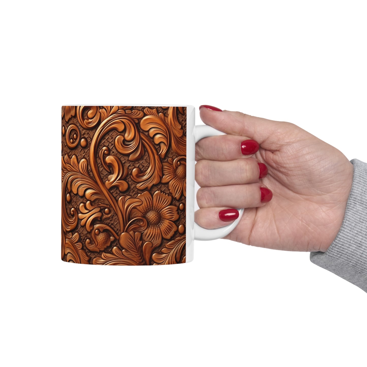 Leather Flower Cognac Classic Brown Timeless American Cowboy Design - Ceramic Mug 11oz