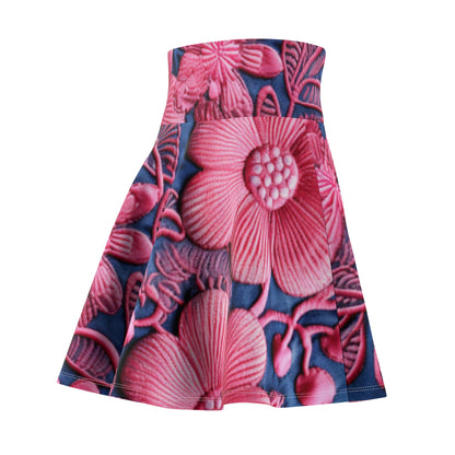 Denim Blue Doll Pink Floral Embroidery Style Fabric Flowers - Women's Skater Skirt (AOP)