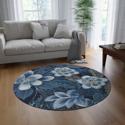 Flower Blossom Embroidery Floral on Denim Style - Round Rug