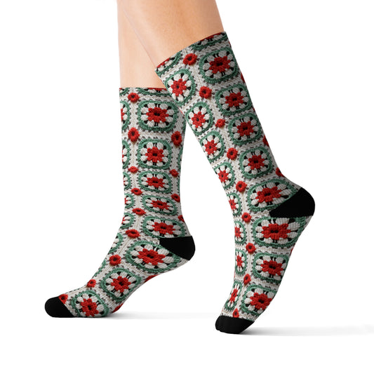 Christmas Granny Square Crochet, Cottagecore Winter Classic, Seasonal Holiday - Sublimation Socks