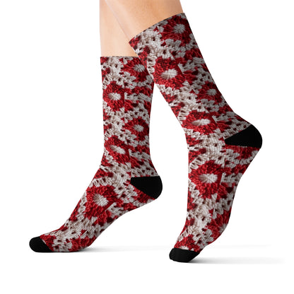 Warm Winter Red & White Crochet Knit: Cinematic Chic Texture Design - Sublimation Socks