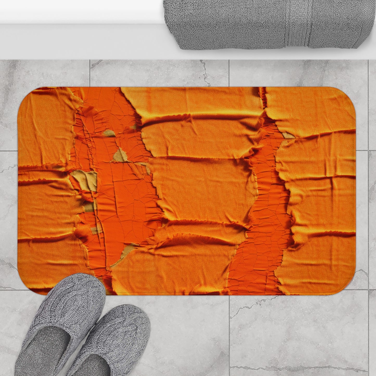 Fiery Citrus Orange: Edgy Distressed, Denim-Inspired Fabric - Bath Mat