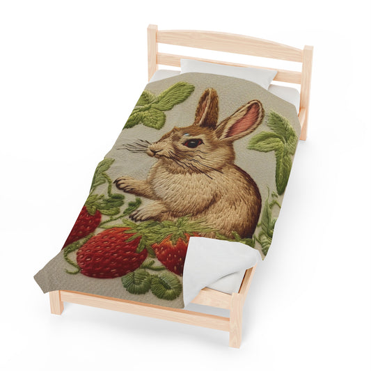 Strawberry Bunny Rabit - Embroidery Style - Strawberries Fruit Munchies - Easter Gift - Velveteen Plush Blanket