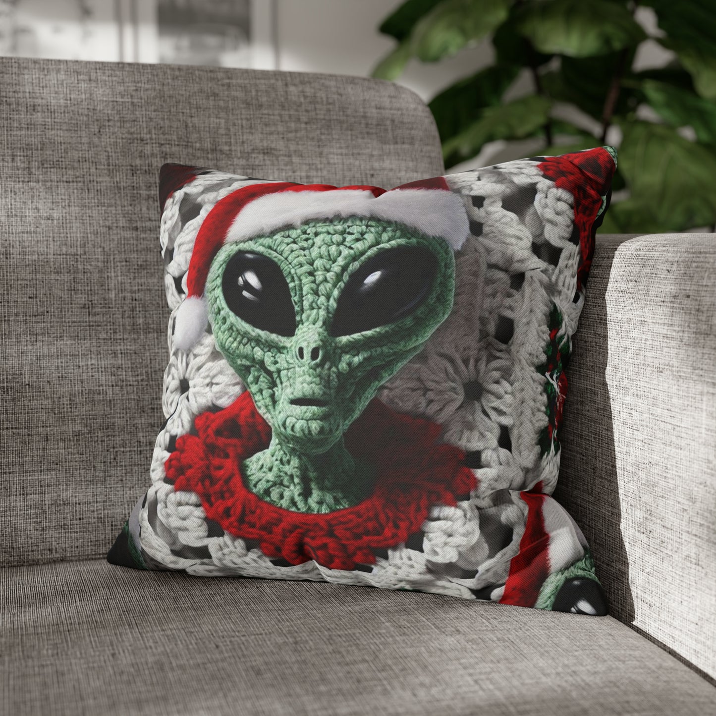 Santa's Cosmic Secret: Jolly Green Christmas Extraterrestrial with Festive Attire Crochet Art - Spun Polyester Square Pillow Case