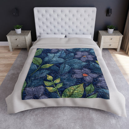 Floral Embroidery Blue: Denim-Inspired, Artisan-Crafted Flower Design - Crushed Velvet Blanket