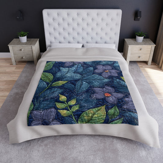 Floral Embroidery Blue: Denim-Inspired, Artisan-Crafted Flower Design - Crushed Velvet Blanket