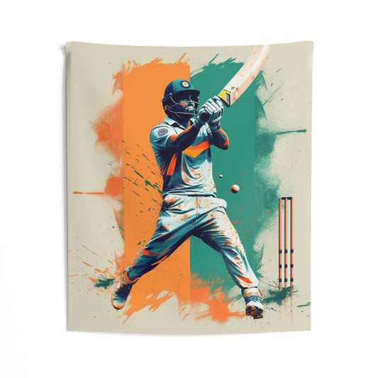 Cricket Batsman, Ball Strike, Indian Flag Color Background - Street Style - Indoor Wall Tapestries