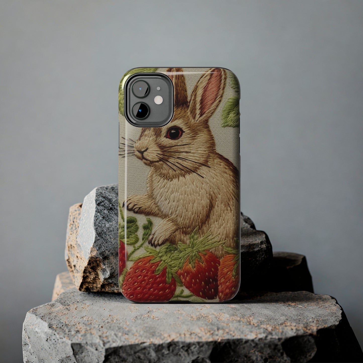 Strawberry Bunny Rabit - Embroidery Style - Strawberries Fruit Munchies - Easter Gift - Tough Phone Cases