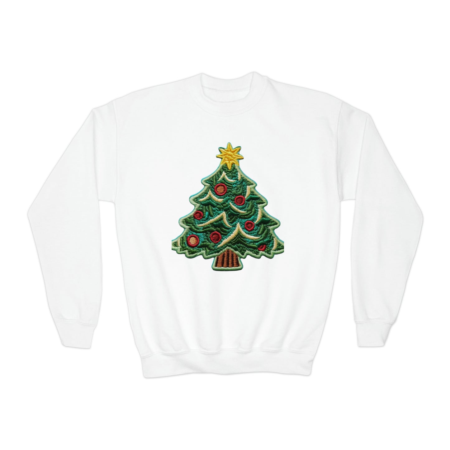 Chenille Christmas Tree: Embroidered Festive Holiday Patch - Youth Crewneck Sweatshirt