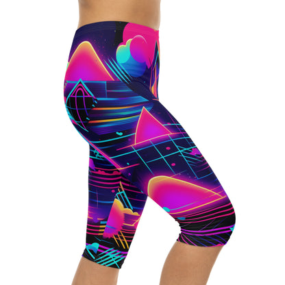 80s Synthwave Retro-Futuristic Inspired Pattern Design Women’s Capri Leggings (AOP)