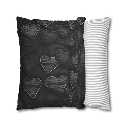 Negro azabache: diseño de bordado de corazón de tela inspirada en la mezclilla desgastada - Funda de almohada cuadrada de poliéster hilado 