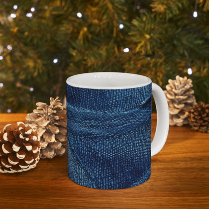 Dark Blue: Distressed Denim-Inspired Fabric Design - Ceramic Mug 11oz