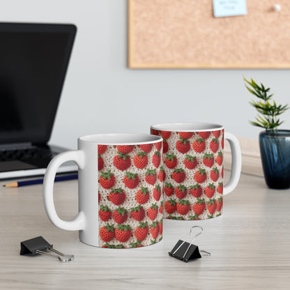 Strawberry Traditional Japanese, Crochet Craft, Fruit Design, Red Berry Pattern - Ceramic Mug 11oz