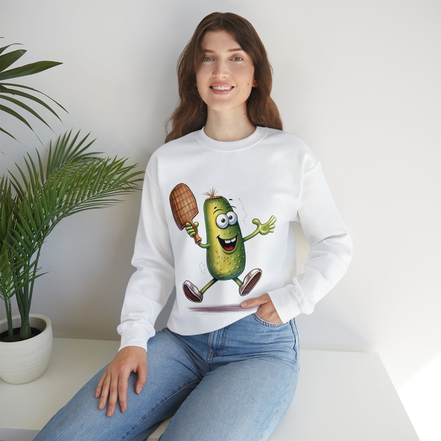 Pickle Player Action: Cartoon Swinging Pickleball Paddle - Sporty Charm - Unisex Heavy Blend™ Crewneck Sweatshirt