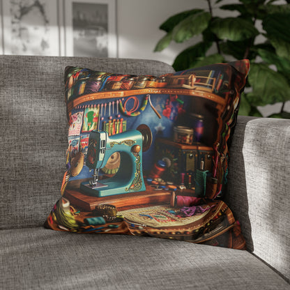 Seamstress Dream: Enchanted Sewing Nook Tapestry, Artisan Craft Room - Spun Polyester Square Pillowcase