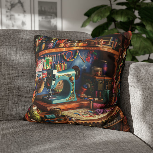 Seamstress Dream: Enchanted Sewing Nook Tapestry, Artisan Craft Room - Spun Polyester Square Pillowcase