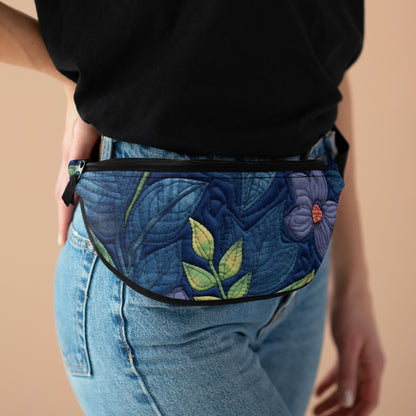 Floral Embroidery Blue: Denim-Inspired, Artisan-Crafted Flower Design - Fanny Pack