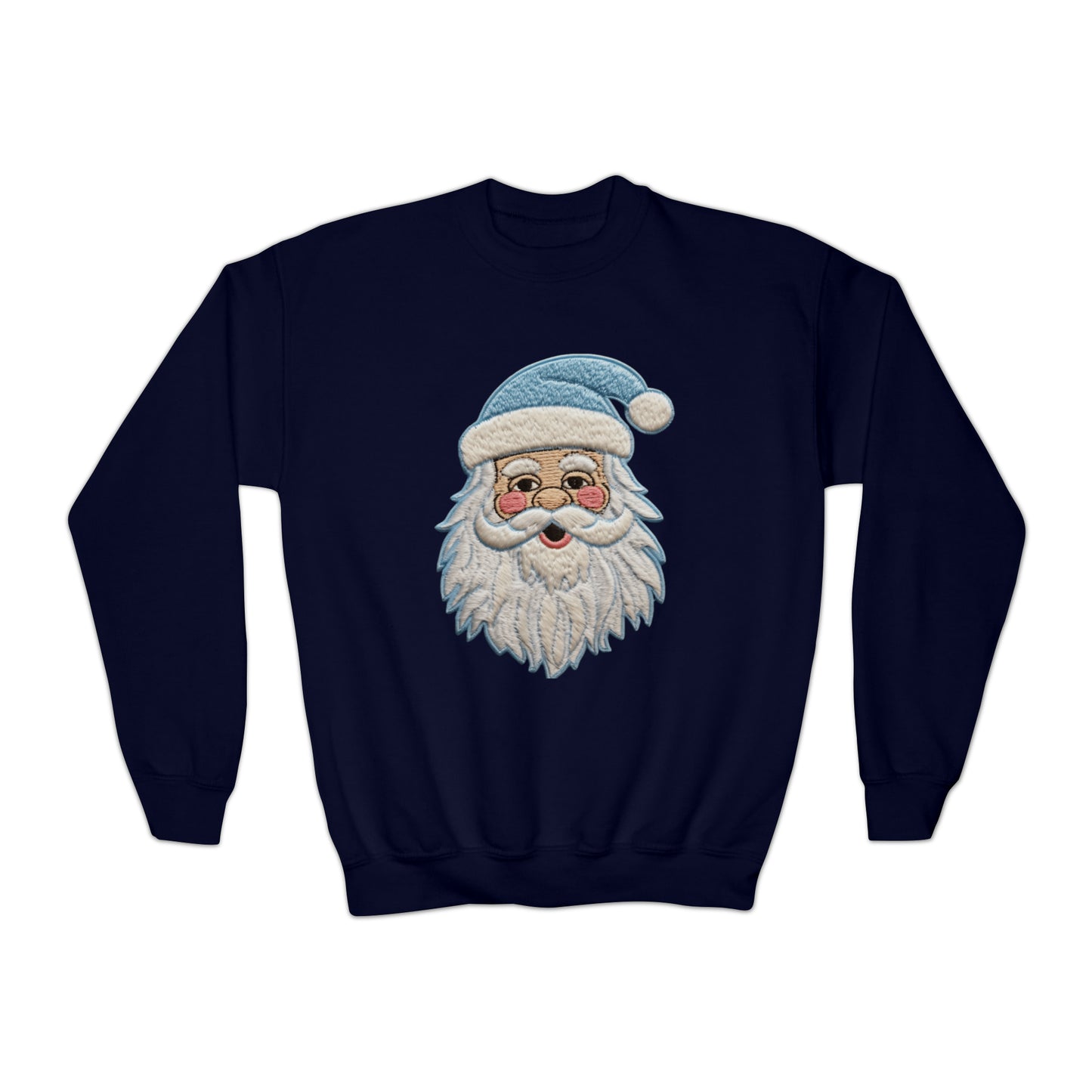 Blue Santa Chenille Patch - Chritmas Hoiday Design - Youth Crewneck Sweatshirt